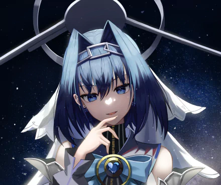 HD PC wallpaper featuring Ouro Kronii, a hololive Virtual YouTuber, depicted in anime style with blue hair and a cosmic background.