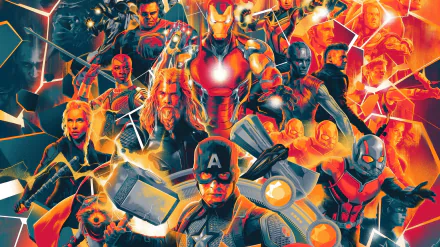 HD PC desktop wallpaper featuring Marvel's Avengers EndGame heroes including Iron Man, Captain America, Thor, Hulk, Black Widow, Ant-Man, Hawkeye, Rocket, Nebula, Scott Lang, and Loki.