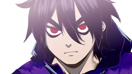 Close-up of Seven from Scissor Seven: anime portrait with dark hair, red eyes and a purple jacket — 5K Ultra HD PC desktop wallpaper/background.