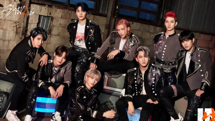 Stray Kids members Changbin, Han, Lee Know, I.N, Seungmin, Hyunjin, Felix, and Bang Chan pose together in a stylish 4K Ultra HD K-pop desktop wallpaper.