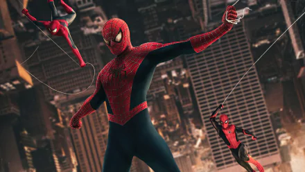 HD desktop wallpaper of Spider-Man: No Way Home showing three versions of Spider-Man swinging through a cityscape at night, featuring Peter Parker in his iconic red and blue costume.
