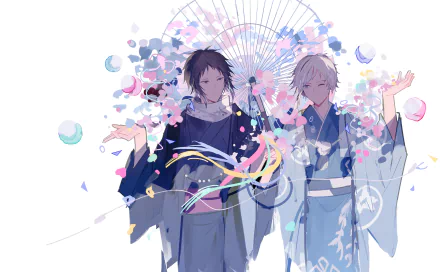 Anime HD wallpaper of Atsushi Nakajima and Ryūnosuke Akutagawa in matching kimonos beneath a paper umbrella, surrounded by pastel confetti, ribbons and floating bubbles — Bungou Stray Dogs.