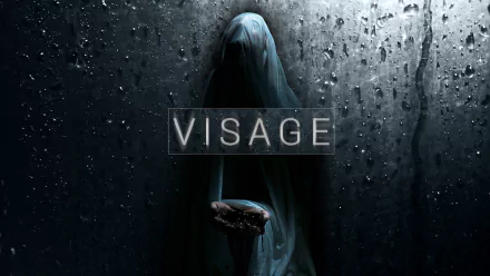 A haunting HD desktop wallpaper featuring the word VISAGE with a shadowy figure cloaked in mist, set against a backdrop of raindrops and dark textures, evoking a chilling video game atmosphere.