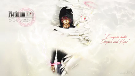HD PC desktop wallpaper of Nasse (Platinum End) and Mirai Kakehashi — anime scene with ethereal white wings, halo accents and a soft, misty Platinum End background.