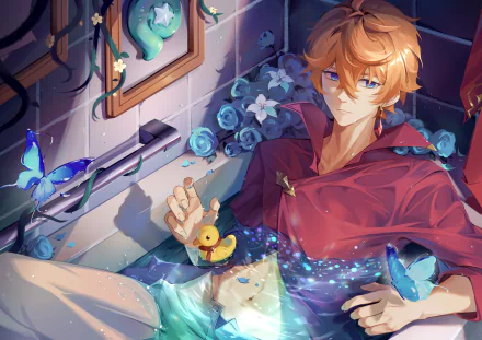 Tartaglia (Childe) from the video game Genshin Impact reclining amid glowing blue butterflies and roses, holding a rubber duck; vibrant 2K Quad HD PC desktop wallpaper/background.