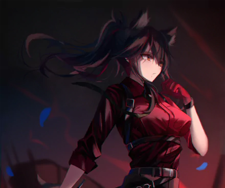HD PC desktop wallpaper/background of Texas (Arknights) from the video game Arknights: red-lit, windblown portrait of the fox-eared operator in a tactical red outfit, determined gaze.