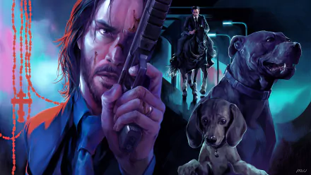 4K Ultra HD PC desktop wallpaper featuring Keanu Reeves as John Wick from John Wick: Chapter 3 – Parabellum, with intense action and two dogs.