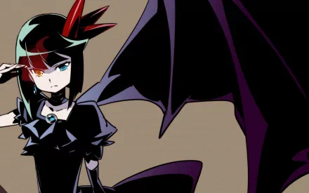 HD PC desktop wallpaper: Heartcatch Precure! anime character in dark, gothic outfit with bat-like wings, red-streaked hair and blue-green eyes, striking a saluting/confident pose.
