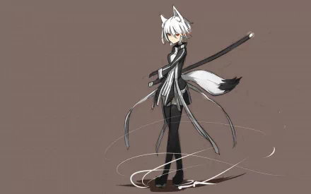 Anime original HD PC desktop wallpaper: white-haired fox-eared character in black-and-white outfit, long tail and staff, standing amid swirling lines on a muted brown background.