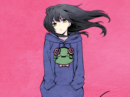 HD desktop wallpaper of Miko Yotsuya from the anime Mieruko-chan, featuring her in a purple hoodie with a frog design against a pink background.
