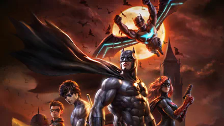 4K Ultra HD PC wallpaper from Batman: Bad Blood — Batman stands center with Nightwing (Dick Grayson), Robin (Damian Wayne) and Batwoman (Kate Kane) over Gotham.