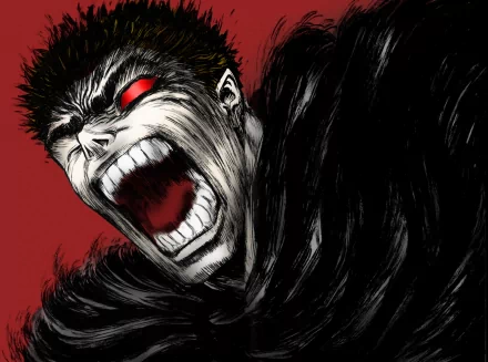 A striking HD wallpaper featuring Guts from Berserk, depicted with intense expression and vibrant red background, capturing the essence of this iconic anime character.