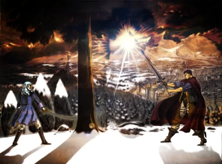 HD PC desktop wallpaper featuring anime characters Guts and Griffith from Berserk in an intense showdown under a dramatic sky.