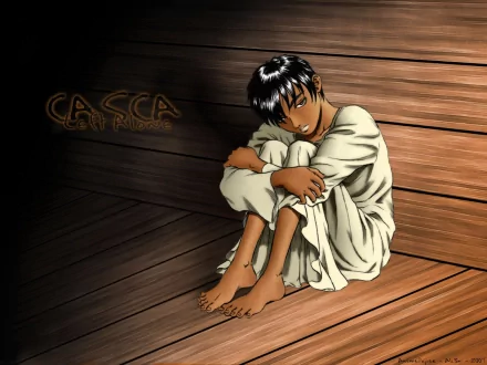 A serene HD wallpaper of Casca from Berserk, featuring a contemplative pose against a wooden backdrop, capturing the anime's emotional depth and character portrayal.
