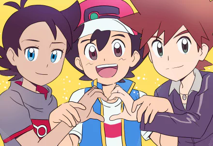 HD anime Pokémon desktop wallpaper of Goh, Ash Ketchum, and Gary Oak smiling together against a yellow, sparkly background, their hands joined to form a heart.