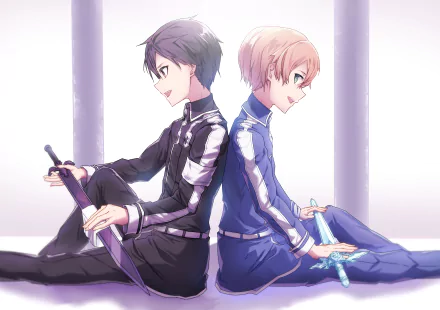 Kirito and Eugeo from Sword Art Online sit back-to-back, holding swords against a soft white glow — anime 2K Quad HD PC desktop wallpaper.