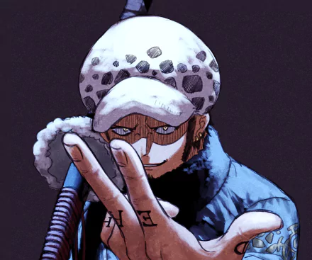 HD PC desktop wallpaper featuring Trafalgar Law from One Piece: Two Years Later — close-up in his spotted hat and fur-collared coat, holding up two fingers against a dark background.