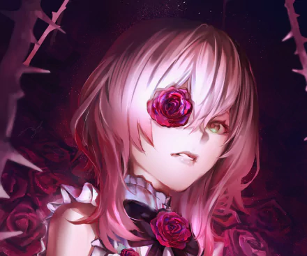 HD anime-style desktop wallpaper featuring Rosemi Lovelock, a Virtual YouTuber from Nijisanji, with pink hair and a rose eye patch in a dark, gothic setting.