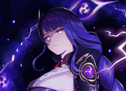 Baal (Raiden Shogun) from Genshin Impact: close-up HD desktop wallpaper portrait with glowing purple eyes, ornate armor and crackling electro lightning against a dark, stormy background.