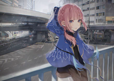 Anime-style HD PC desktop wallpaper featuring Kaf, a Virtual YouTuber, with pink hair and a blue jacket against an urban cityscape background.