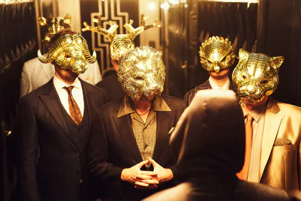 Scene from the TV show Squid Game featuring four characters in suits wearing elaborate gold animal masks, presented as a 4K Ultra HD PC desktop wallpaper.