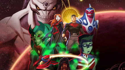 4K Young Justice wallpaper: M'gann M'orzz (Miss Martian), Garfield Logan (Beast Boy) and Conner Kent (Superboy) stand united with neon-green powers against a cosmic, skull-like menace.