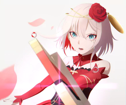 Destiny from Takt Op. Destiny anime in vibrant red outfit with blue eyes and a red rose accessory, captured in an HD PC desktop wallpaper background.
