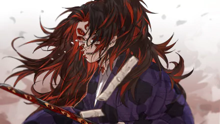 HD PC desktop wallpaper featuring Kokushibo from the anime Demon Slayer: Kimetsu no Yaiba, showcasing his intense expression and flowing dark hair.