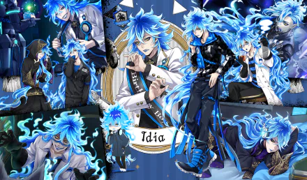 HD PC desktop wallpaper featuring multiple dynamic poses of Idia Shroud from the video game Twisted Wonderland, surrounded by blue flames and digital elements.