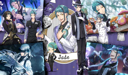 Collage of Jade Leech from the Twisted Wonderland video game — a 2K Quad HD PC desktop wallpaper featuring multiple poses, teal hair, elegant outfits, and aquatic-themed accents.