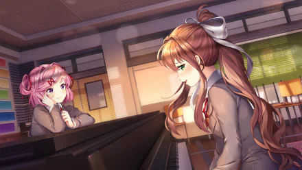 HD PC wallpaper of Monika and Natsuki from the video game Doki Doki Literature Club! in a sunlit classroom, Monika at a piano while Natsuki watches with a shy smile.