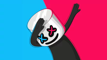 HD wallpaper featuring Marshmello dabbing against a vibrant split blue and pink background, combining music and playful charm.