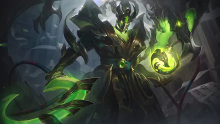 8K Ultra HD PC wallpaper of Thresh (League of Legends): a spectral, green-lit warden holding a glowing lantern and hook amid a dark, misty battlefield — video game background.
