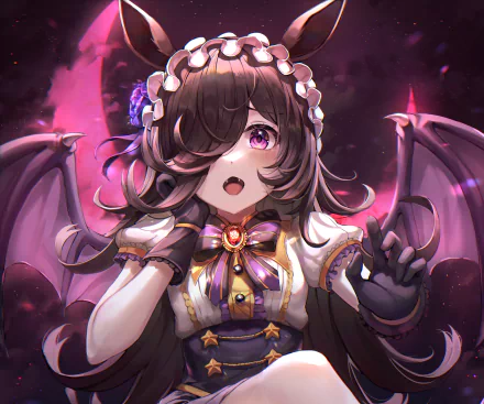 Rice Shower from Uma Musume: Pretty Derby in a gothic maid outfit with bat wings and violet eyes beneath a pink moon, vibrant purple 2K Quad HD PC desktop wallpaper.