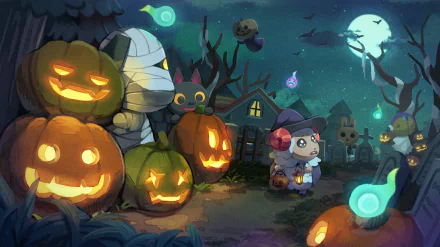 HD PC desktop wallpaper featuring Animal Crossing characters Wisp, Lucky, Jack, Coco, Dom, and Kiki in a spooky Halloween-themed village at night.