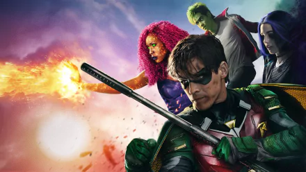 HD PC desktop wallpaper featuring Titans TV show characters Robin (Dick Grayson), Starfire (Koriand'r), Beast Boy (Garfield Logan), and Raven in dynamic action poses.