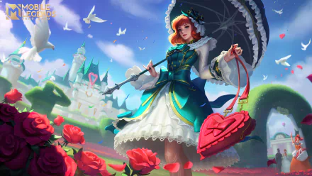 4K Ultra HD PC desktop wallpaper of Kagura (Mobile Legends) from the video game Mobile Legends: Bang Bang — Kagura in a blue Victorian dress holding an umbrella and heart-shaped bag amid roses and a castle.