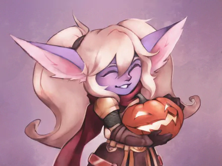 HD PC desktop wallpaper of Poppy, the video game character from League of Legends — chibi purple-skinned yordle with blonde hair and big ears, smiling while holding a carved jack-o'-lantern