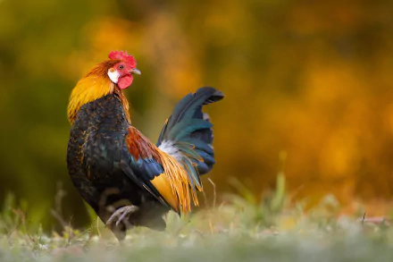 HD PC desktop wallpaper of a vibrant rooster (animal) standing in grass against a warm, golden bokeh background.