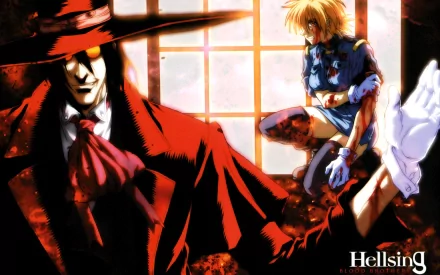 Anime-inspired HD wallpaper featuring characters from Hellsing, showcasing a dramatic scene with a masked figure in a red cloak and a distressed character in a blue outfit.