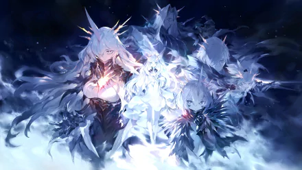 4K Ultra HD Alchemy Stars PC wallpaper featuring Requiem, Regal, Mythos and Frostfire: ethereal ice-and-fire characters in a luminous, dramatic fantasy tableau.