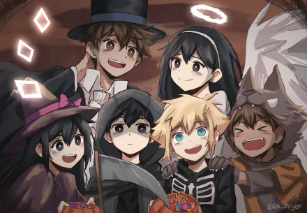Halloween-themed HD PC desktop wallpaper featuring Mari, Hero, Kel, Aubrey, Basil, and Sunny from the video game OMORI in festive costumes.