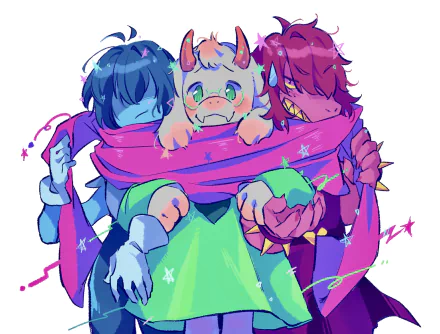 HD PC desktop wallpaper featuring Ralsei, Susie, and Kris from the video game Deltarune wrapped together in a shared pink scarf.