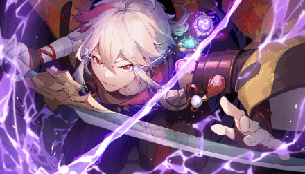 4K Ultra HD wallpaper featuring Kaedehara Kazuha from the video game Genshin Impact, depicted in dynamic action with glowing purple lightning effects.