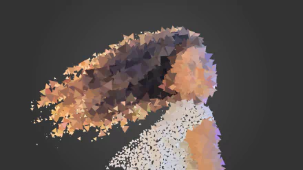 Artistic 8K Ultra HD desktop wallpaper featuring a stylized woman’s face and hair composed of colorful, fragmented triangles against a dark background.