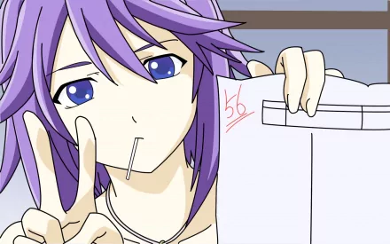 Mizore Shirayuki from Rosario + Vampire poses playfully, holding a paper with a score of 56. Her vibrant purple hair and striking blue eyes are captivating in this HD desktop wallpaper.
