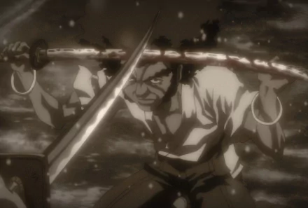 HD anime desktop wallpaper featuring Afro Samurai in intense sword combat, showcasing dynamic action and detailed character design.