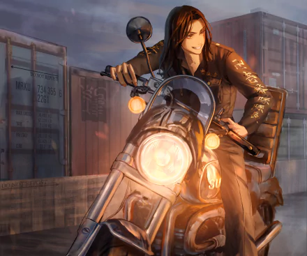 HD anime desktop wallpaper featuring Keisuke Baji from Tokyo Revengers riding a motorcycle at dusk in an industrial setting.