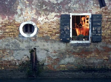 A captivating artistic HD wallpaper featuring a weathered brick wall with an open window, revealing a mysterious figure, embodying the unique style of Helena Bonham Carter.