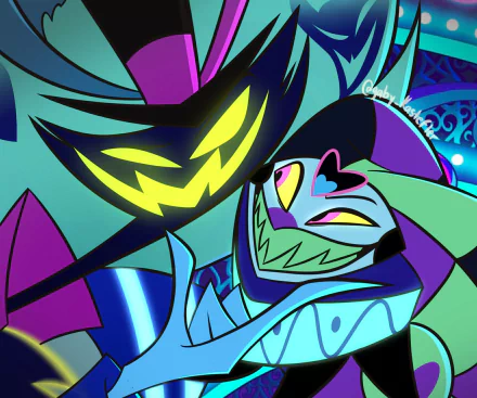 HD PC desktop wallpaper of Helluva Boss TV show characters Fizzarolli and Asmodeus — neon teal, purple and yellow grinning demons in a dynamic, stylized close-up.